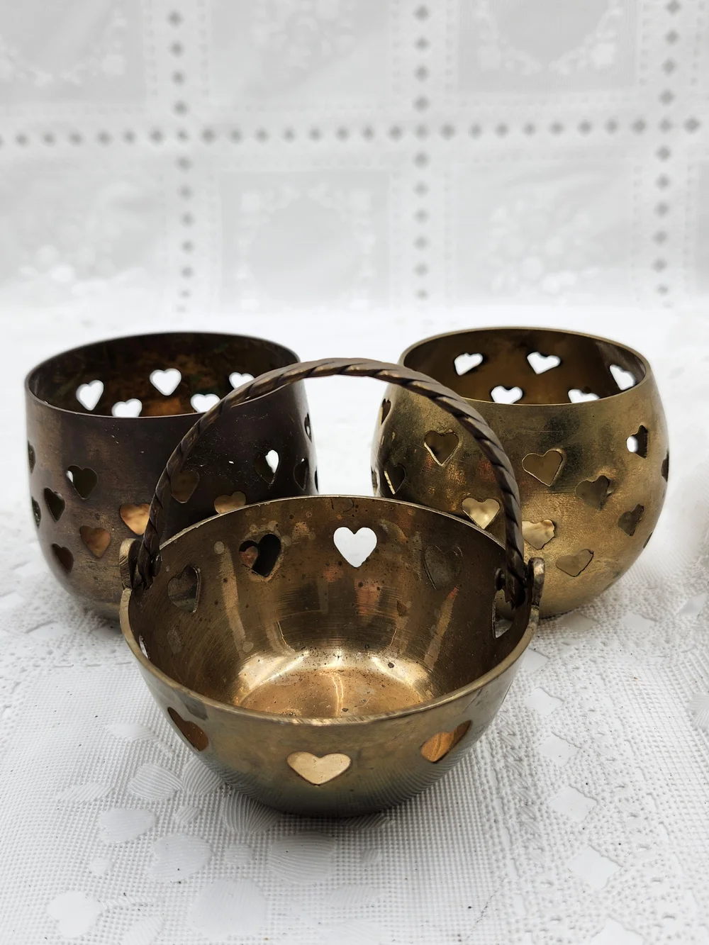 lot of 3  Solid Brass Heart Cut Out Votive Candle Holder Tea Light